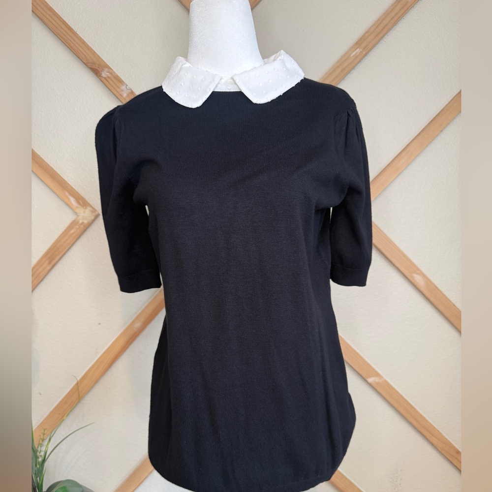 Adrianna Papell Size Small top  Peter Pan collar White Eyelet Puff Sleeve Black